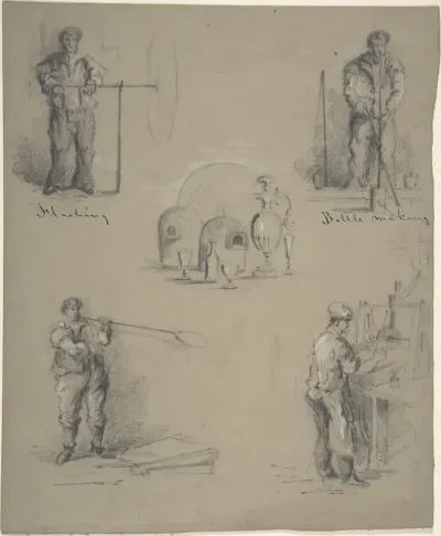 Five images showing the processes of manufacturing glass