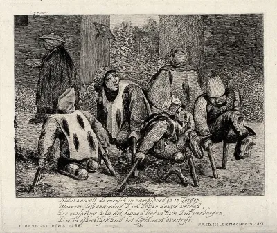 Five legless men moving with the aid of crutches in a yard
