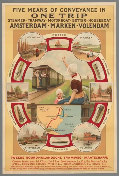 Five means of conveyance in one trip Steamer-Tramway-Motorboat- Botter-Houseboat Amsterdam-Marken-Volendam. Tweede Noordhollandsche Tramweg Maatschappij
