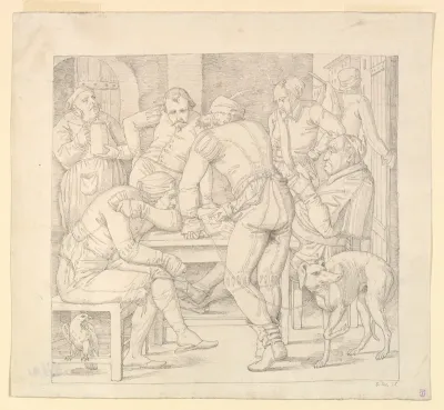 Five Men at a table in German Renaissance costume, playing cards in an inn