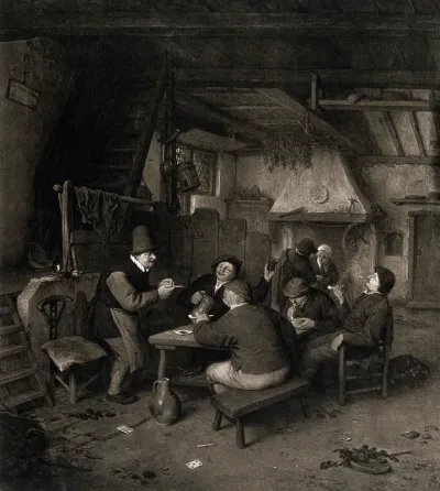 Five men drinking and smoking round a table in a large open room
