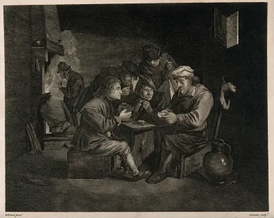 Five men gather round a table to play cards, drink and smoke in a dingy smoke den