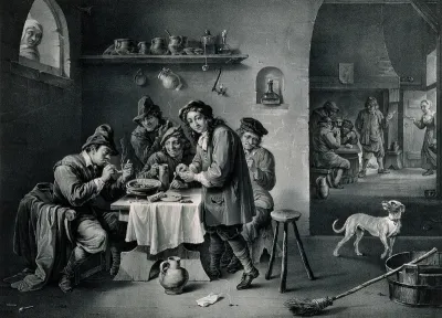 Five men in a smoke den smoke and drink as, in the background, others play cards