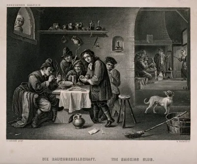 Five men sit indoors smoking and drinking, others play cards
