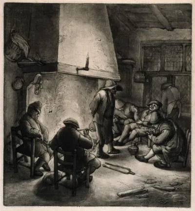Five men sit smoking round a fireplace, another stands with his back to the fire