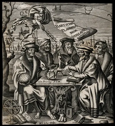 Five men sitting around a table; Hermes flying in the sky, holding the caduceus and a scroll of paper; a city (Nuremberg) in the background