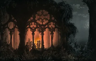 Five men standing inside the ruins of a Gothic church, at night