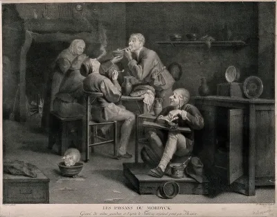 Five mens gathered round a table smoking, a woman looks on