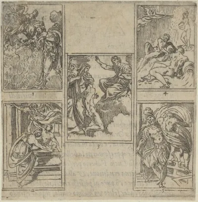 Five numbered scenes, each after a painter in the Accademia Degl'Incamminati, from IL FUNERALE D'AGOSTINO CARRACCIO FATTO IN BOLOGNA SUA PATRIA DAGL'INCAMINATI Academici del Disegno: 1. Ceres lamenting the death of Carracci before Jupiter, painted by