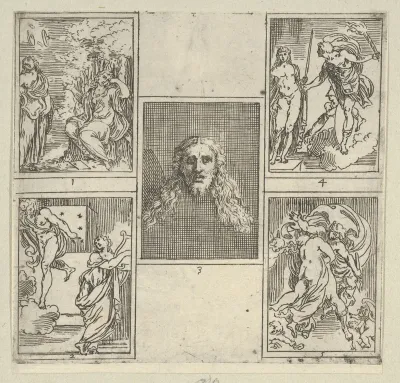Five numbered scenes, each after a painter in the Accademia Degl'Incamminati, from IL FUNERALE D'AGOSTINO CARRACCIO FATTO IN BOLOGNA SUA PATRIA DAGL'INCAMINATI Academici del Disegno: 1. Painting and Poetry mourning the death of Agostino Carracci, pai