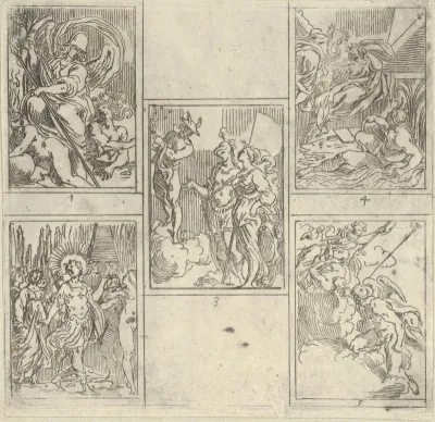Five numbered scenes, each after a painter in the Accademia Degl'Incamminati, from IL FUNERALE D'AGOSTINO CARRACCIO FATTO IN BOLOGNA SUA PATRIA DAGL'INCAMINATI Academici del Disegno: 1. Virtue vanquishing Envy and Fortune, painted by Giulio Cesare Pa