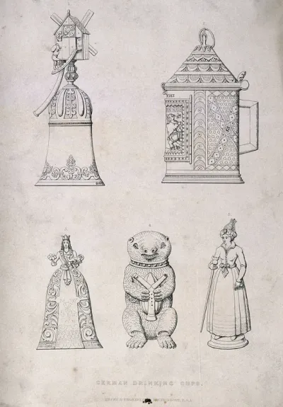 Five ornate German drinking vessels