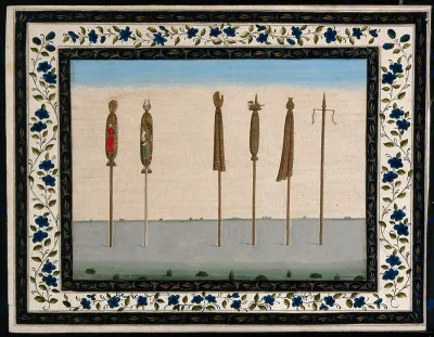 Five pennants, furled, and a pole without a pennant
