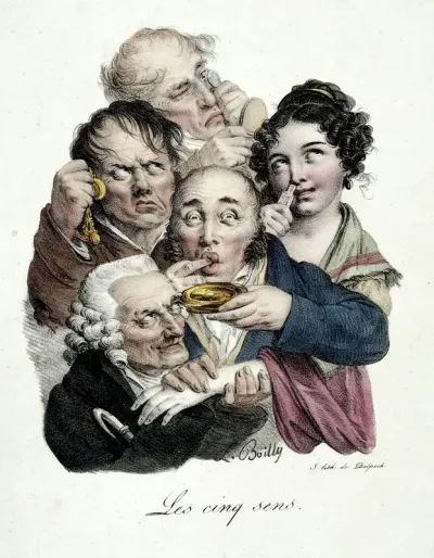 Five people, each exercising one of the five senses