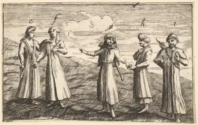Five Standing Muscovites (Aubry de La Mottraye's "Travels throughout Europe, Asia and into Part of Africa...," London, 1724, pl. 313)