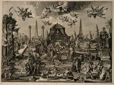 Five tombs containing skeletons of historical exemplars of wisdom, war, beauty, strength and riches; an allegory of change, decay and death
