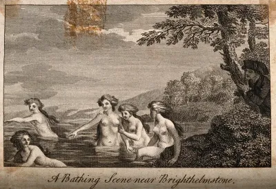 Five women bathing while a man peeps from behind a tree