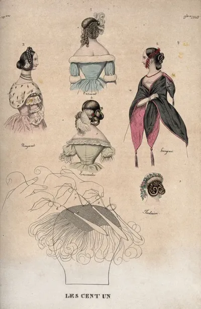 Five women wearing fashionable dresses, hair-pieces and accessories, the back of a woman's head showing arrangement of hair; and a diagram explaining how hair-pieces are attached to natural hair