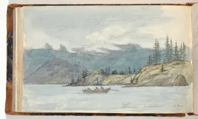 Fjordlandskab med robåd. Fjorden Krøderen, Norge