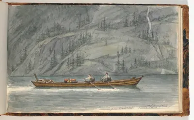 Fjordlandskab med robåd. Krøderen, Norge