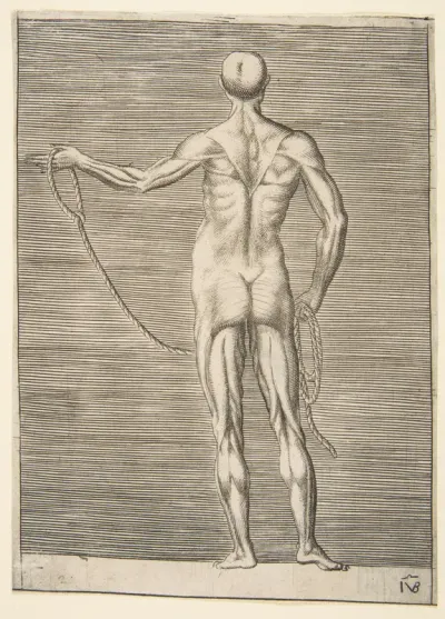 Flayed man seen from behind, holding a rope