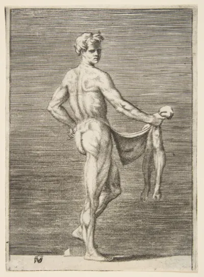 Flayed man seen from behind turning left