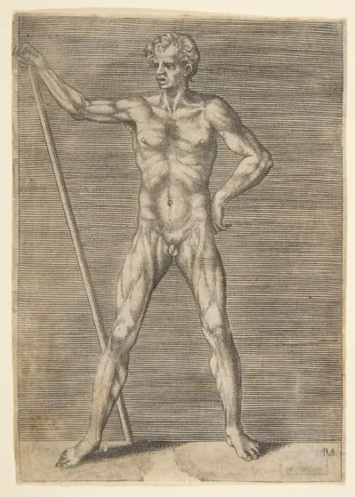 Flayed man seen frontally, holding a stick