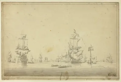 Fleet of Ships Anchored at Sea