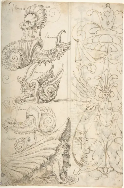 Flemish Grotesque Creatures and a Candelabra Grotesque (recto); Candelabra Grotesques with Mask (verso)