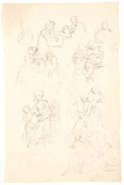 Flere figurscener. Bl.a. siddende damer med harper og fuglebure. Teaterscener?