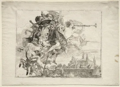 Flight into Egypt: Dedication with Winged Figure of Fame bearing the Arms of the Prince-Bishop of Wurzburg