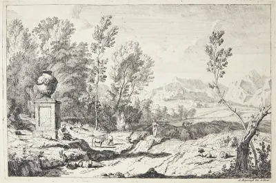 Fløjtespillende hyrde ved et monument