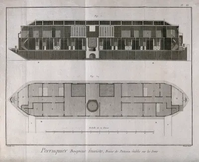Floating public bath-house: cross-section above and plan below