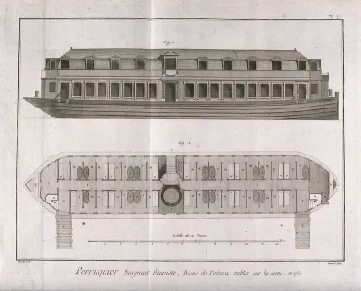 Floating public bath-house: exterior elevations above and interior plans below