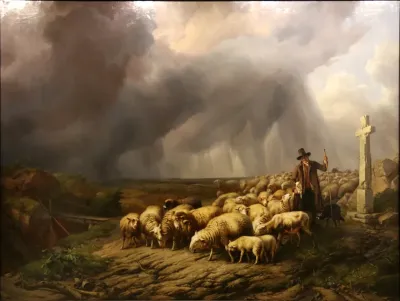 Flock of sheep surprised by the storm
