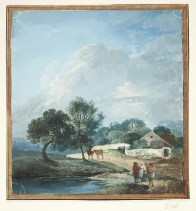 Flodlandskab med bønder