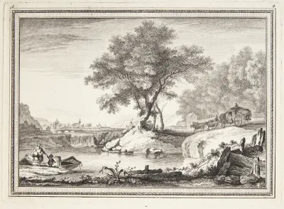 Flodlandskab med en kvinde og et barn