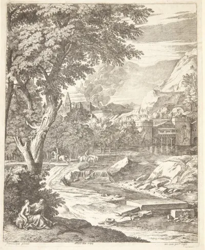 Flodlandskab med et par siddende under et træ, i baggrunden en rytter og en mand, der vander sine heste
