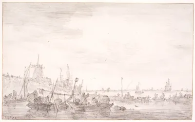 Flodlandskab med fiskerbåde