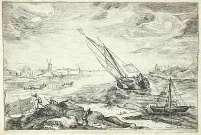 Flodlandskab med fiskerbåde