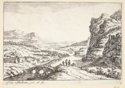 Flodlandskab med stenbro og vejfarende
