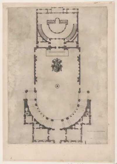 Floor plan of the Villa Giulia in Rome with the arms of Pope Julius III engraved at the center, from "Speculum Romanae Magnificentiae"
