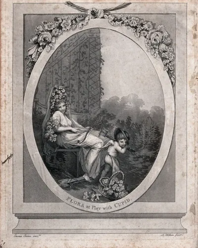 Flora holds the bow and arrows of Cupid while Cupid acts as a gardener