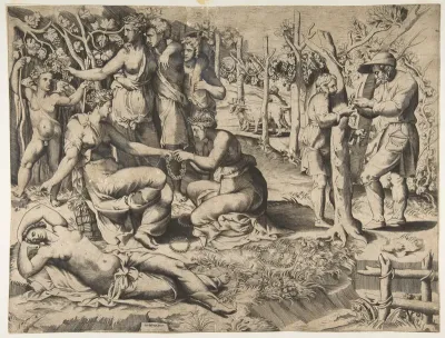 Flora in the centre passing a wreath to another woman, surrounded by other figures