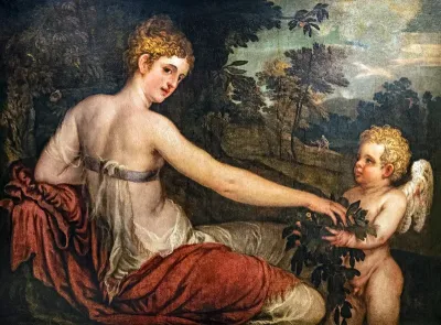 Flora with a cupid in a landscape