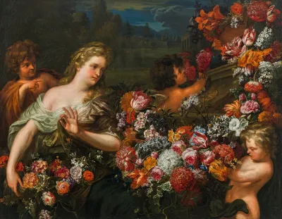 Flora with cherubs and flowers in Italian landscape