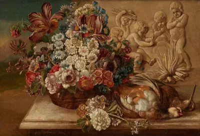 Floral composition on entablature with cupids and hunting table