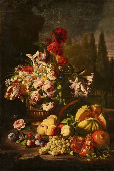 Flower and Fruit Still Life in a Park Landscape