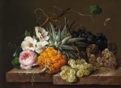 Flower and fruit still life with pineapples, grapes, nuts and insects