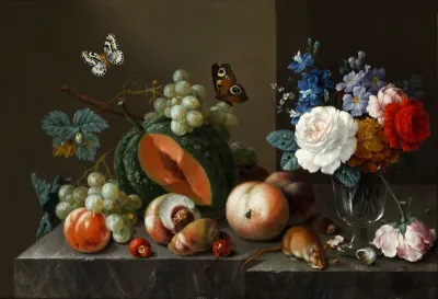Flowers and fruits on a stone ledge with butterflies and mice
